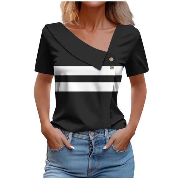 Short Sleeve Tee Shirts for Women Summer Fall Spandex Graphic Brunch Striped Tops Shirts Ladies Button 2026 Clothing Country Concert Y2K