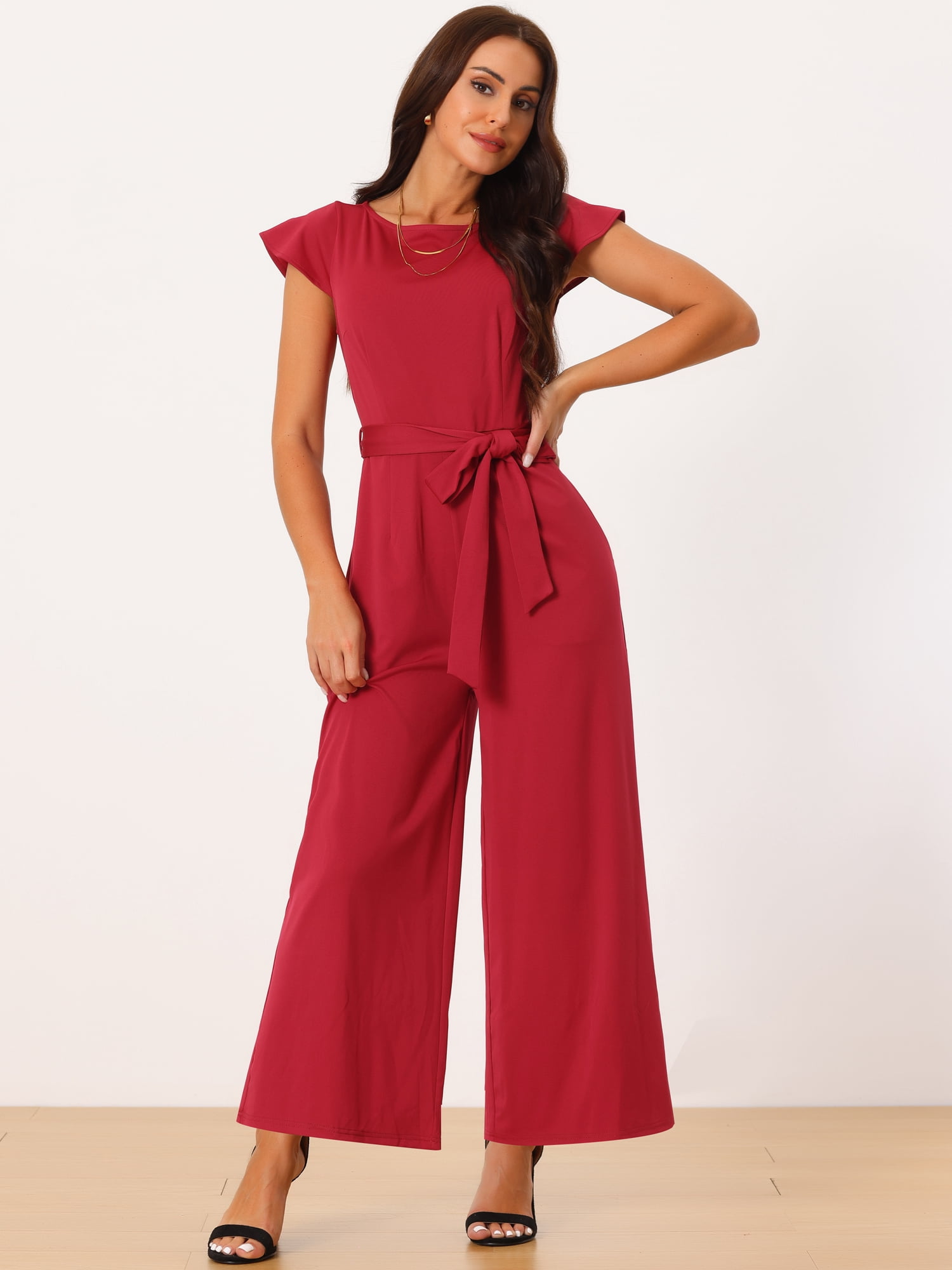 DARING DIVA Women's Ruffle Cap Sleeve High Waisted Wide Leg Jumpsuit M Wine Red