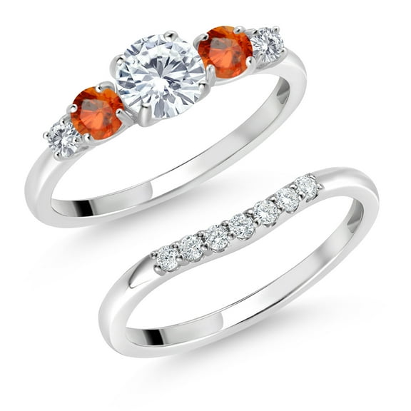Gem Stone King 10K White Gold White Lab Grown Diamond and Orange Sapphire 5 Stone Bridal Engagement Wedding Ring Set for Women (0.93 Cttw, Round: 5MM and 3MM, Size 8)