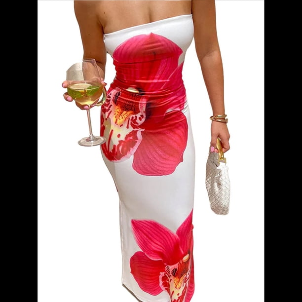 Vestido Floral Ajustado para Mujer, Verano 2025, Sin Tirantes, Tubo, Informal, Formal, Cóctel, , con Bufanda Rosa Roja S