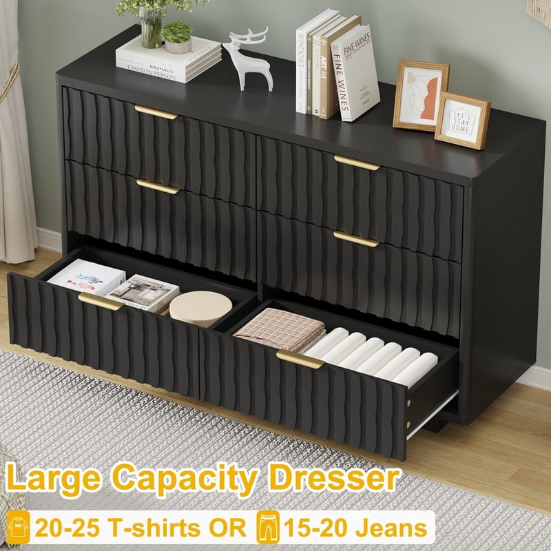 Fluted 6 Drawer Dresser for Bedroom, Wide Modern Chest of Drawers with Metal Handle, Curved Profile Design, Wood Closet Clothes Storage Organizer for Bedroom, Living Room, Hallway(Black)