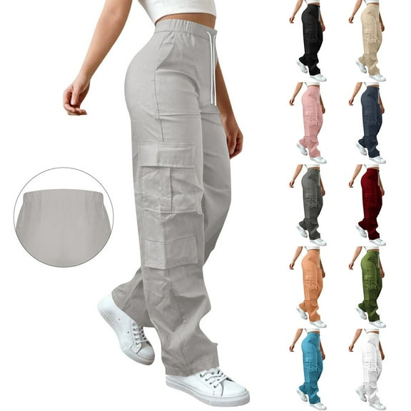 Ladies High Waist Straight Leg Trousers with Side Pockets Elastic Waist Comfortable Loose Fit for Office and Casual