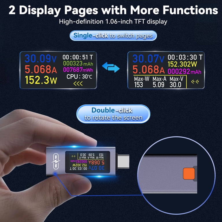 KJ-KayJI USB C Tester – 2-in-1 Digital Multimeter For Voltage, Current, Power, Fast Charging Detection