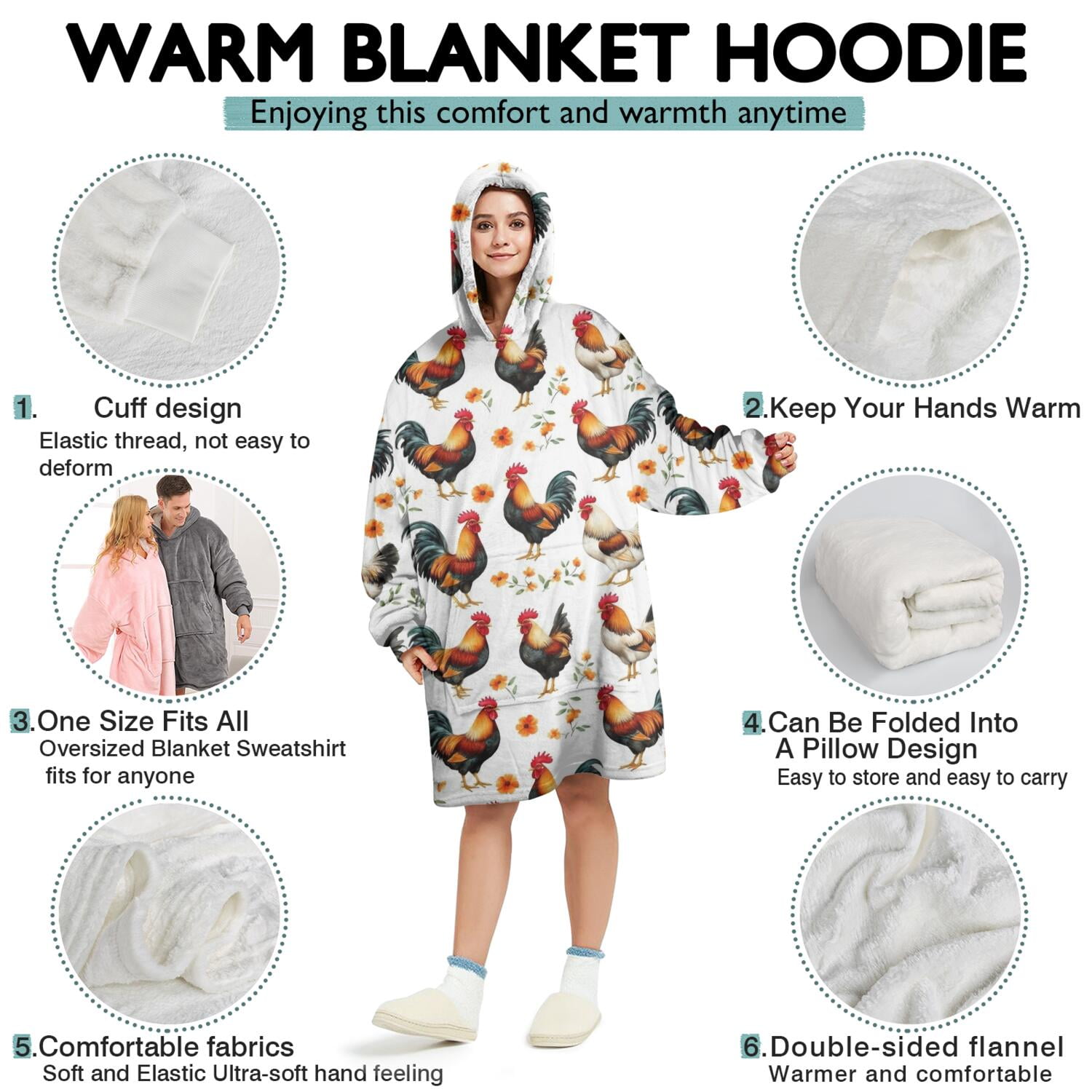Wearable Oversized Blanket,White Chicken Orange Flower Pattern Wearable Blanket Hoodie for Adults,Cozy Hooded Blankets with Super Pockets,Super Warm Fuzzy Pullover for Women & Men
