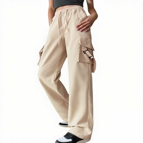 BLOCLOALO Cargo Pants Wide Leg Pants Casual Pants High Waisted Stretchy Pants Workout Joggers Hiking Travel Pants Lounge Pants Sweatpants Drawstring Pants with Pocket Office Comfortable Pants Beige L