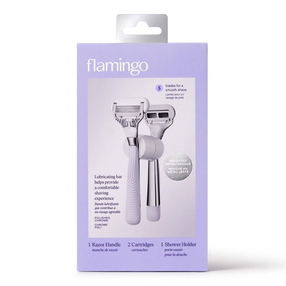 Flamingo Women's 5-Blade Razor - 1 Razor Handle and 2 Razor Blade Refills, Polished Chrome