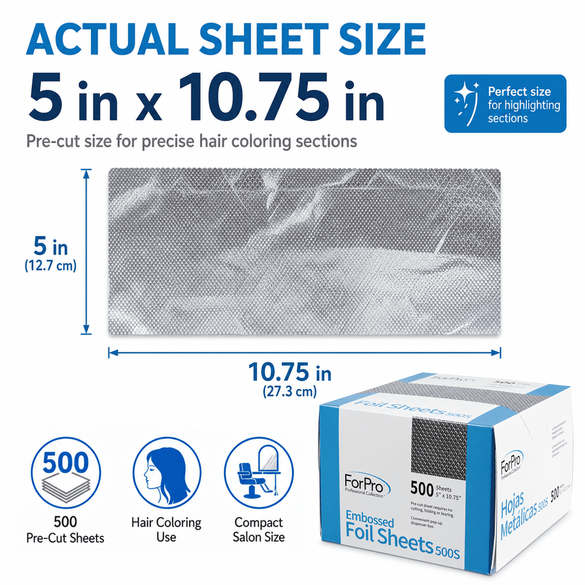 ForPro Embossed Foil Sheets 900S, 9” W x 10.75” L, 500-Count, Aluminum Foil, Pop-Up Dispenser, for Hair Color Application and Highlighting, Food Safe