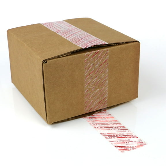 FindTape Tamper Evident Packaging Tape: 2 in. (48mm actual) x 55 yds. (White/Red Stripes with "OPENED VOID" message if removed)