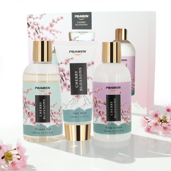 Poamcn Bath and Body Gift Set,Home Spa Gift Set for Women,Japanese Cherry Blossom Scent,3 Piece Set