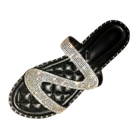 

Womens Sandals Summer Women Rhinestone Slip-On Open Toe Flat Breathable Sandals Beach Shoes Women S Sandals Pu Black 37