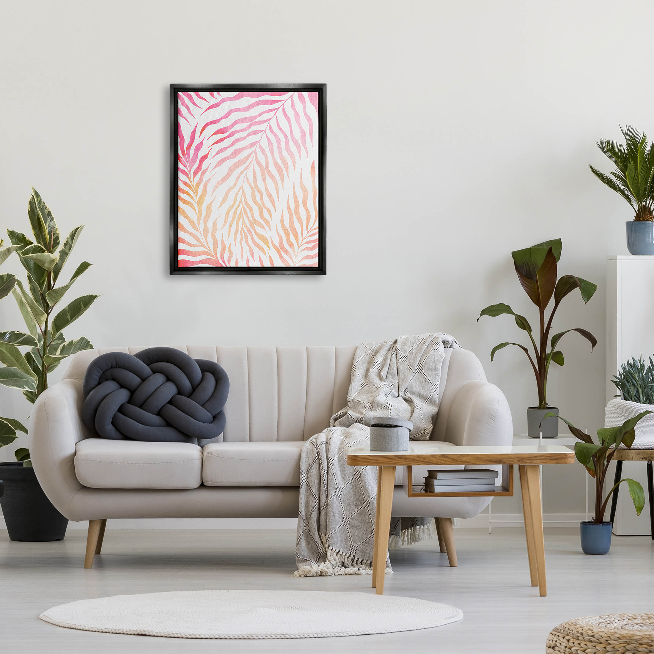 Vivid Pink Wavy Leaves Botanical & Floral Graphic Art Jet Black Framed Art Print Wall Art