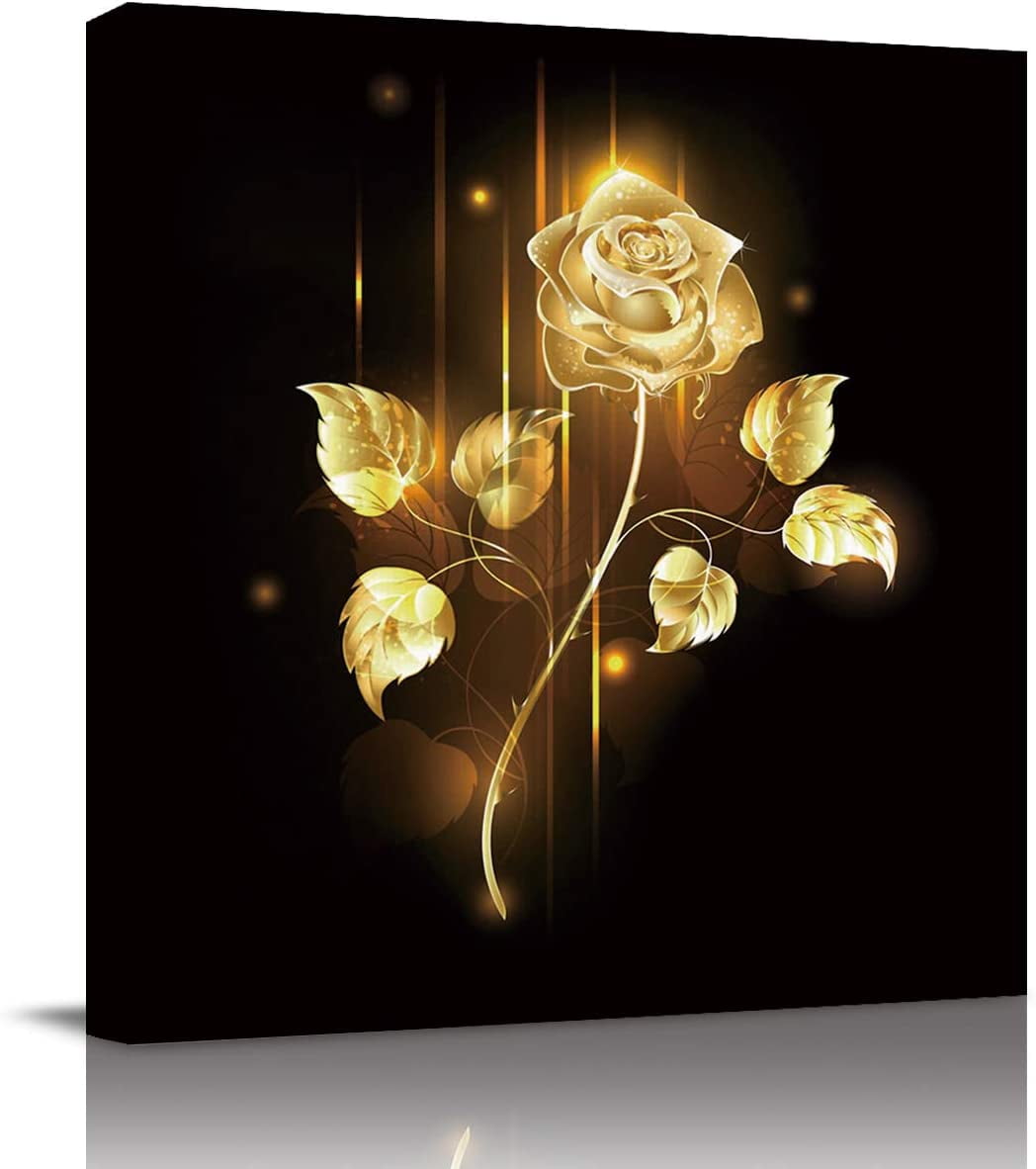 Canvas Wall Art Black and Golden Rose Gold Sparkle Flower Romantic