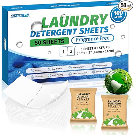 FIXSMITH Laundry Detergent Sheets - 100 Loads (50 Sheets) Fragrance Free - Hypoallergenic,Unscented,Eco Friendly Laundry Detergent Strips Concentrated Travel Detergent Sheets.Plastic-Free,Liquidless