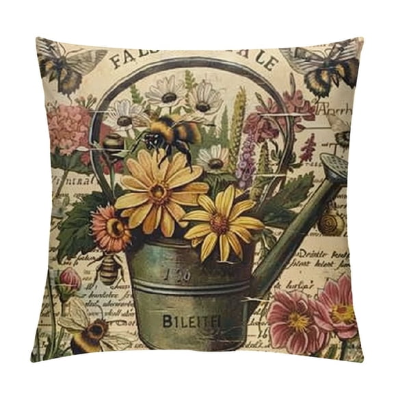 Throw Pillow Covers Butterfly & Honeybee Decorative Pillow Covers Vintage Flower Garden Farmhouse Pillowcase Cushion Covers Squar