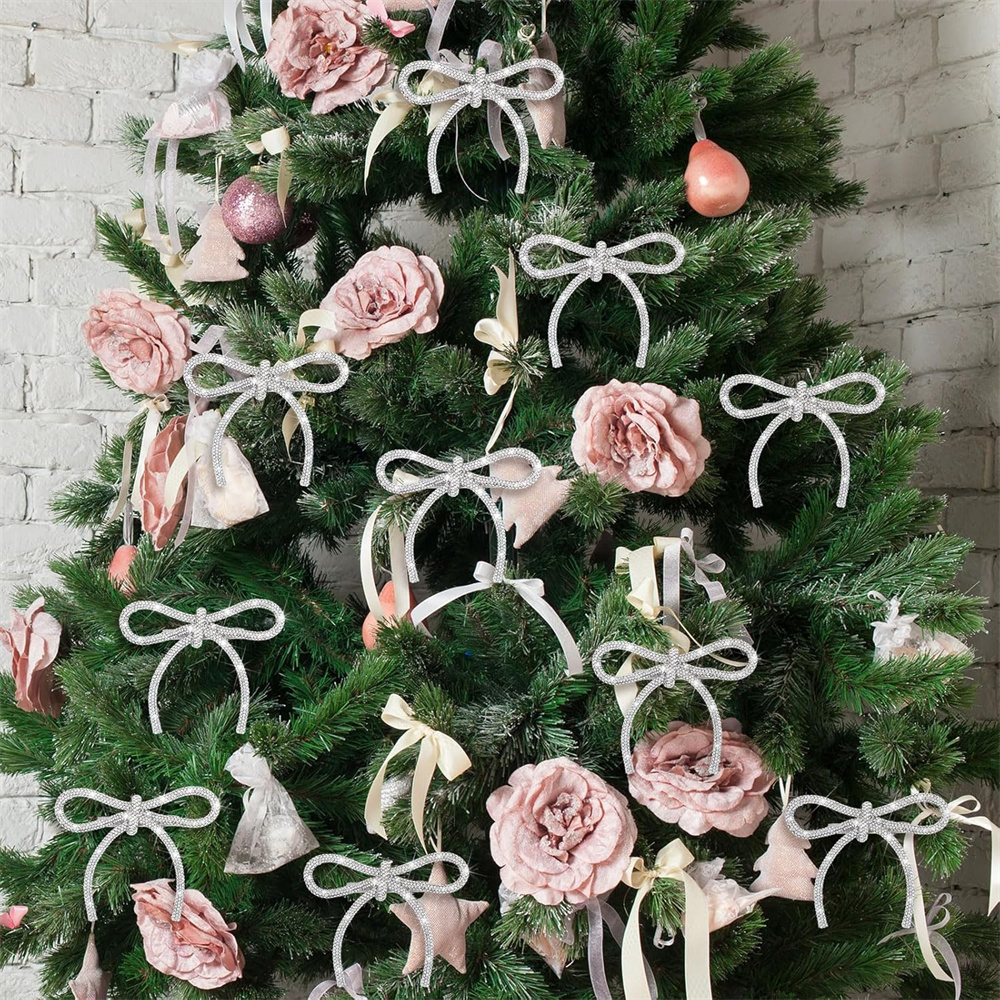 Triani 12Pcs Glitter Christmas Tree Bow Clip Ornaments 5.12*2.95 Inch Christmas Bows Glitter with Rhinestones Bow for Women Home Xmas Party Supplies