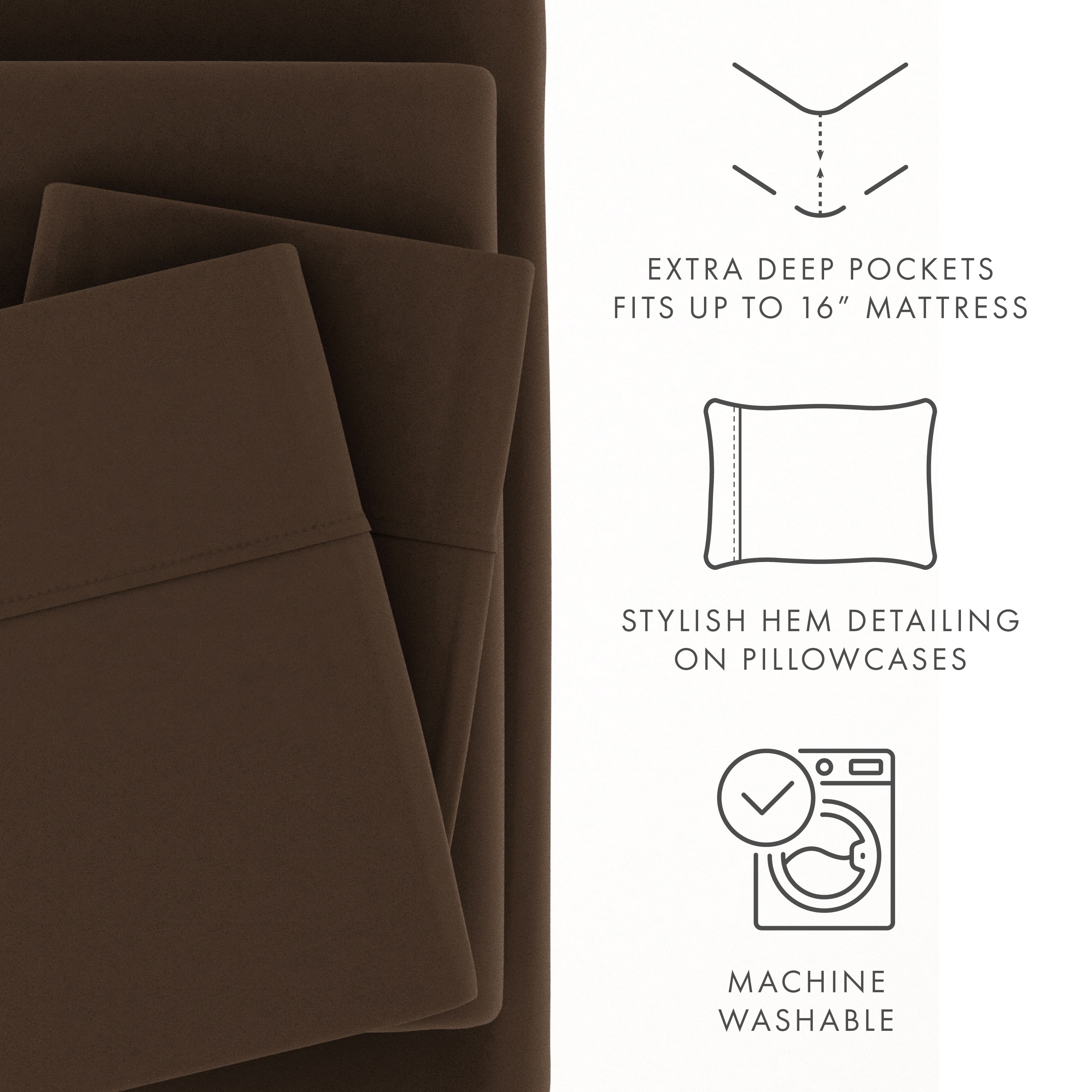 Noble Linens 4 Piece Solid Microfiber Bed Sheet Set, Chocolate, King