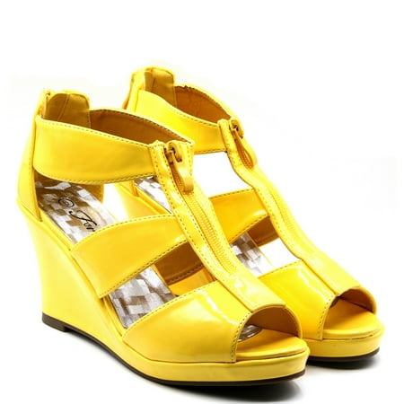 

Women Fashion Sandals High Wedge Heels Shiny Upper Dual Zipper Style Yellow