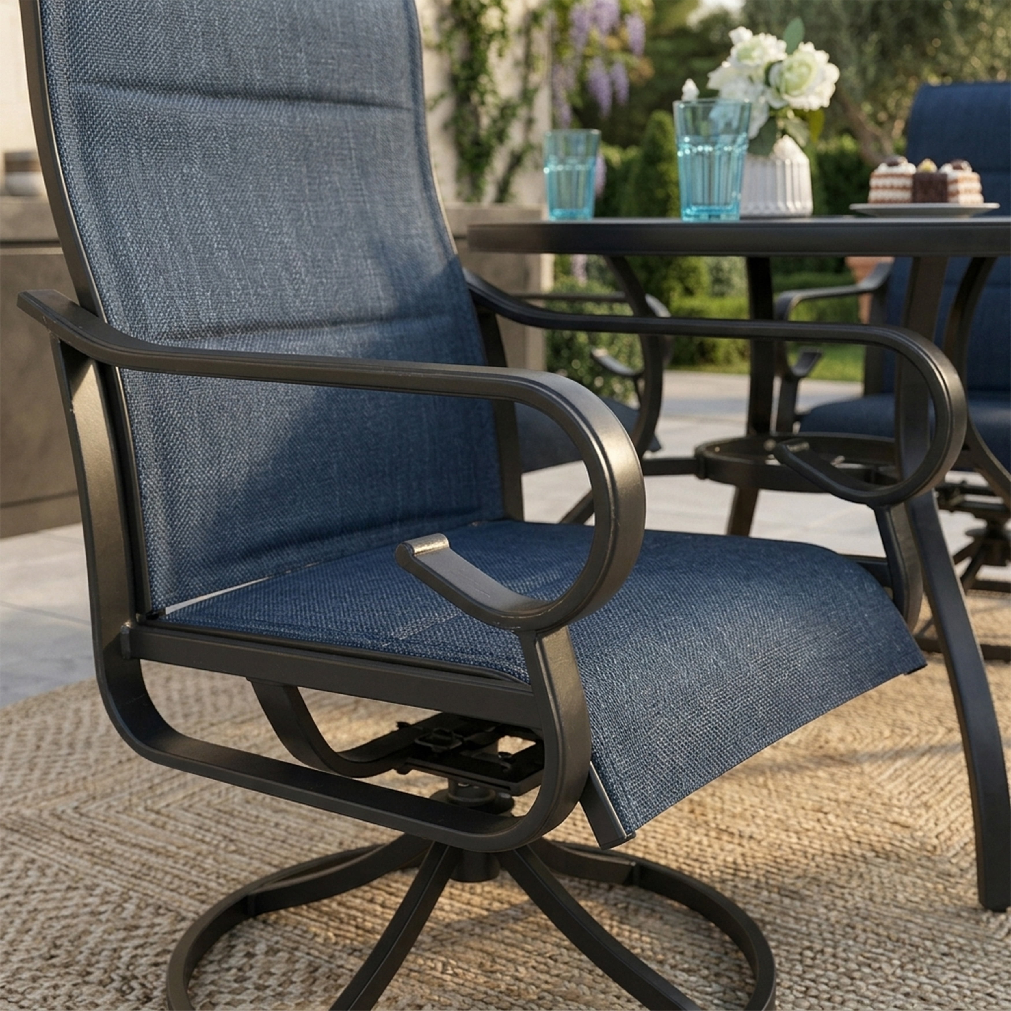 Nuu Garden 5-Piece Outdoor Dining Set, Padded Textilene Patio Table and Chair Set with Swivel Base, Outdoor Furniture Set with Umbrella Hole, Patio Dining Table Set for Garden, Backyard,  Blue
