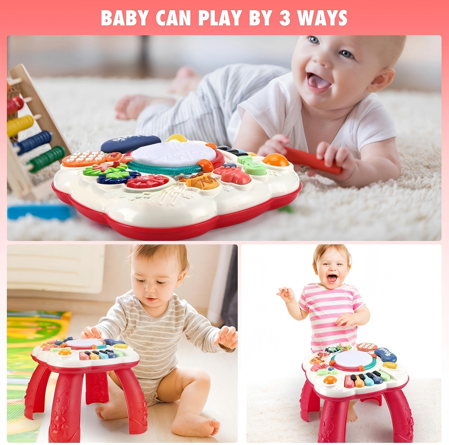 CEMIRK Baby Activity Table,Toddler Musical Learning Table,Educational Learning Toy for Baby 6 to 12 Months 1 2 3 Years Old Boys and Girls(red)