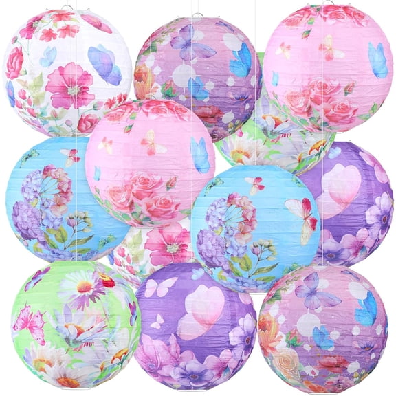 12 Pcs Butterfly & Floral Theme Party Decorations Floral Hanging Paper Lanterns 8 Inches Round Flower Paper Lanterns for Summer Tea Party Ceiling Garden Wedding Bridal Decor Supplies