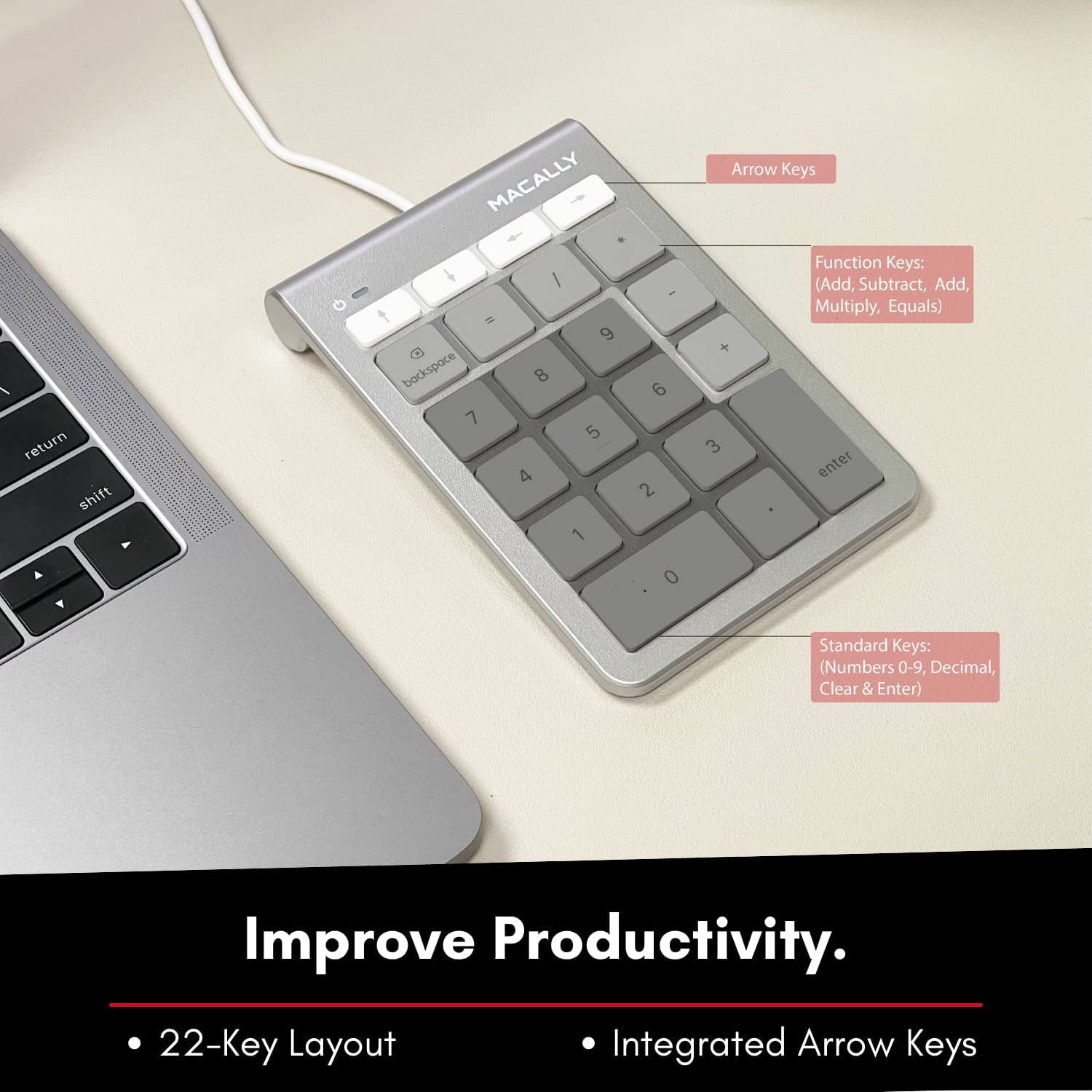 Macally Portable Thin Wired USB-C Number Pad Keyboard - Numeric Keypad for Laptops, Mac, Windows PCs - Silver
