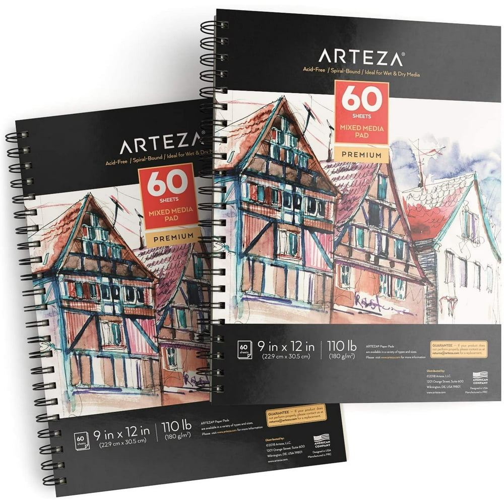 Arteza Mixed Media Pad Art Supply Pack, 9"x12", 60 Sheets 2 Pack