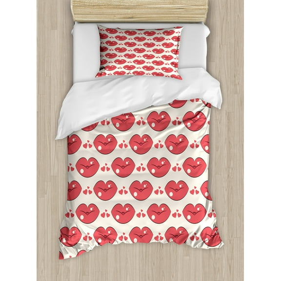 Kissing Duvet Cover Set, Love Themed Numerous Continuous Demonstration of Lip and Heart Motifs, Decorative 2 Piece Bedding Set with 1 Pillow Shams, Twin Size, Dark Coral and Champagne, by Ambesonne