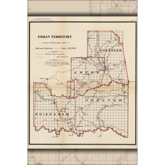 24"x36" Gallery Poster, map of Indian Territory with railroads 1903