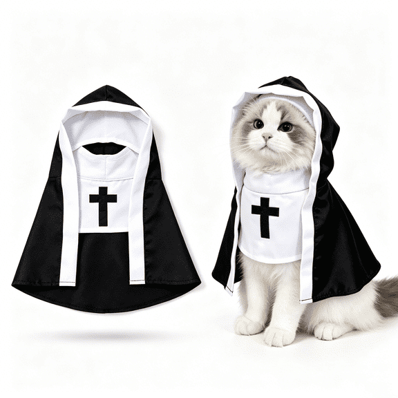 Halloween Nun Costume for Cats, Adorable Pet Cosplay Dress with Attached Hood, White Front Panel Black Cape Design for Photo Sessions Parties