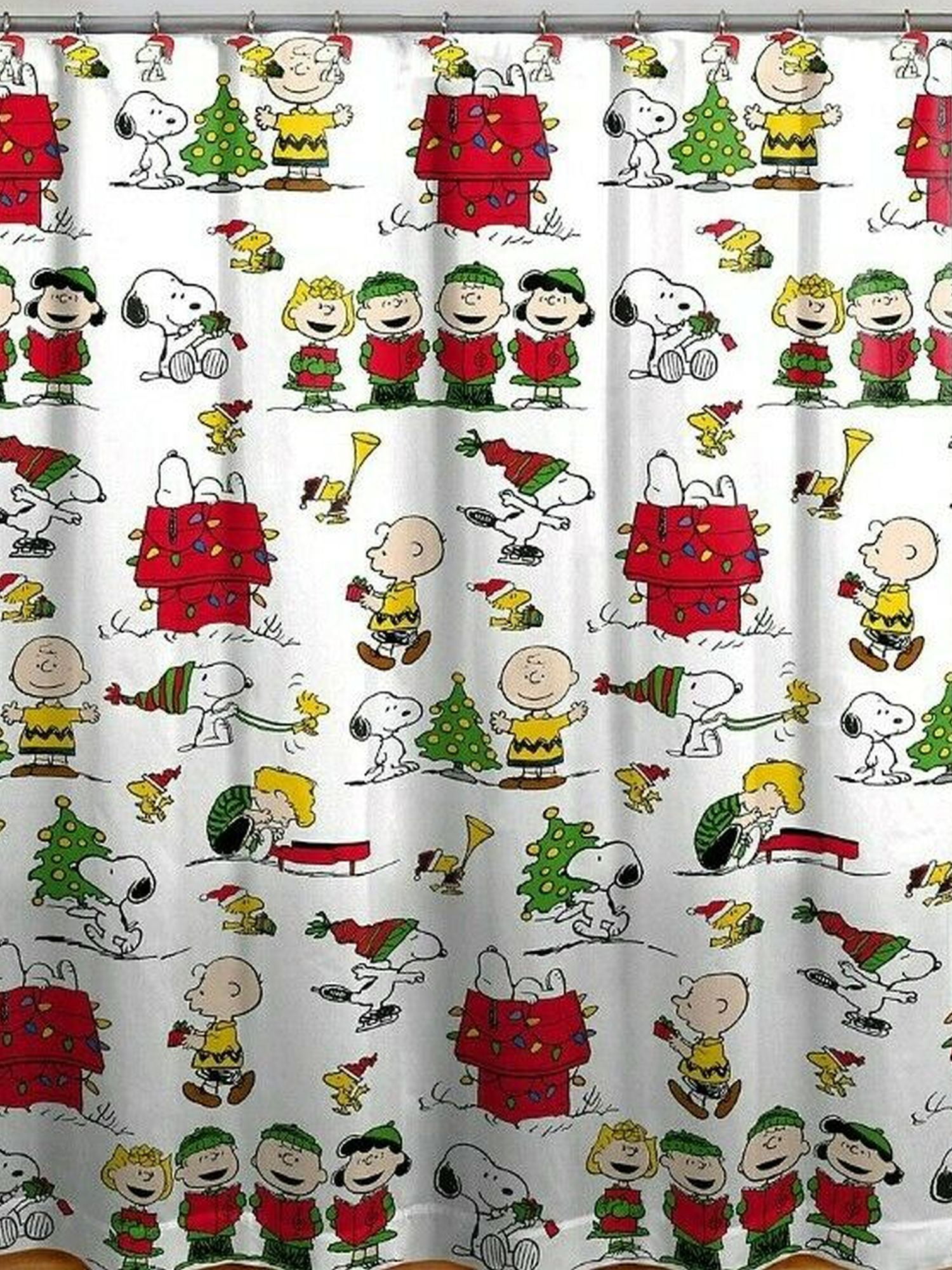 Peanuts Gang Snoopy Shower Curtain & Hooks Set 70x72 Christmas Holiday 