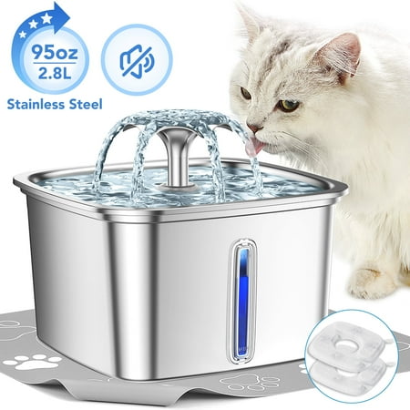Ophanie 95oz/2.8L Stainless Steel Cat Water Fountain with Replacement Filters & Silicone Mat, Automatic Water Dispenser for Cats and Dogs, Electric Drinking Bowl Suitable for Multiple Pets, Silver