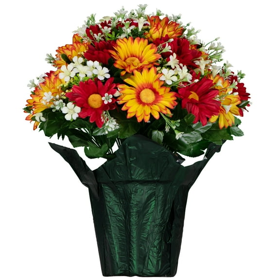 Sympathy Silks Artificial Flowers Red and Orange Daisies Weighted Flower Pot