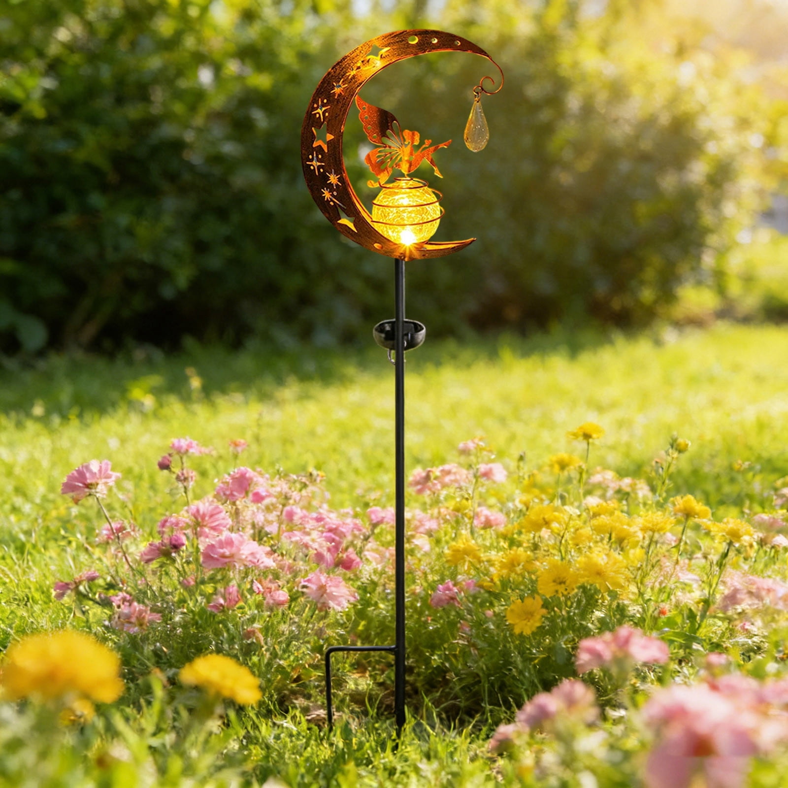 Solar Lights Garden Decorations Outdoor-Moon Fairy Lights with Crackle Glass Globe,Lawn Decorative Lights Waterproof Warm White LED, Decoration for Pathway Lawn Patio Courtyard Backyard(Moon Elf)