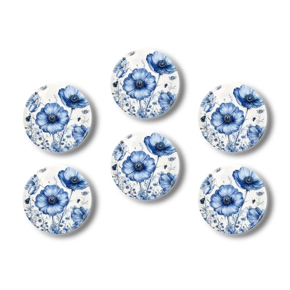 Glass Refrigerator Magnet 6Pcs Magnetic Fridge Sticker,Decor for Kitchen,Whiteboard,Cabinet,Blue Flowers And Insects Picture