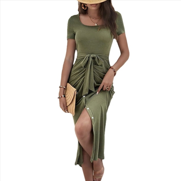 Vestido Maxi de Verano 2025 para Mujer, Corta, Cuello Redondo, Cintura Anudada, Corte Entallado, Abertura, Fruncido Verde M