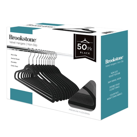 Brookstone Non-Slip Clothing Velvet Hangers with Swivel Hook, 50 Pack, Black