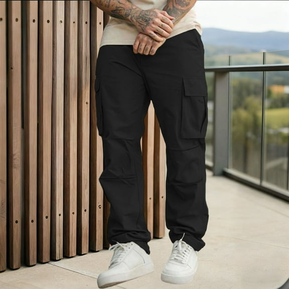 Aobny Black Joggers Men Baggy Open Bottom Pockets Jogger Loose Cargo Long Wide Leg Sweat Pants for Men,M
