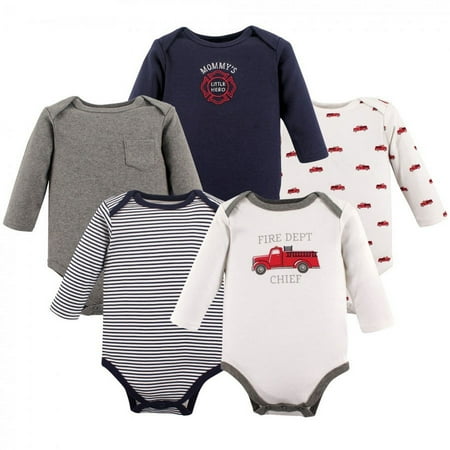 UPC: 0660168552836 | Hudson Baby Infant Boy Cotton Long-Sleeve Bodysuits 5pk  Fire Truck  6-9 Months