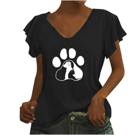 

Juebong I Have A Dog Women Ruffles Cap Sleeve Shirts Comfy V Neck Basic Tops Dog Lover Flowy Blouse Funny Printed Ruffled Short Sleeve Solid Tunic T Shirts
