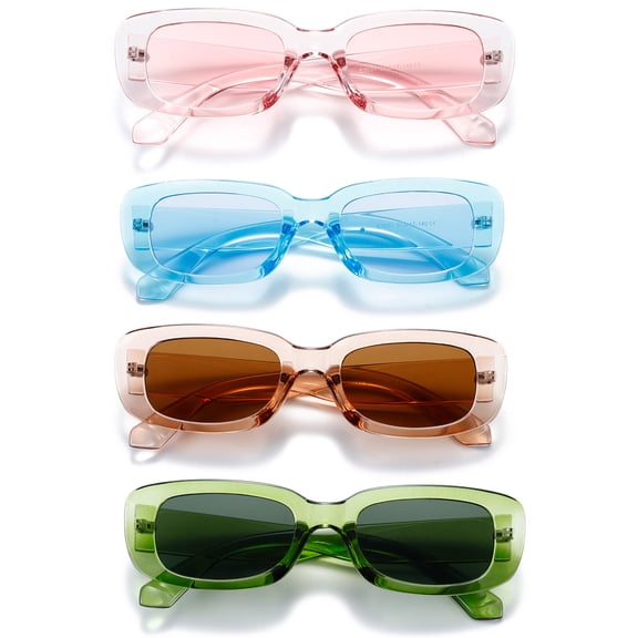 REAVEE 4 Pairs Rectangle Sunglasses for Women Men Trendy Y2k Retro 90s Sun Glasses UV Protection Cool Square Frame Pink Blue Brown Green