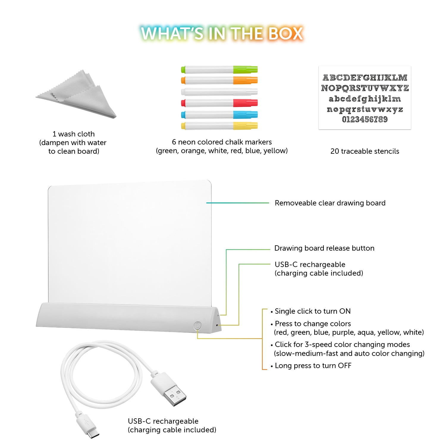 Globe Electric LED Rechargeable Color Changing Glow Light Board with Included USB-C Cable, Markers, Wipes and Stencils