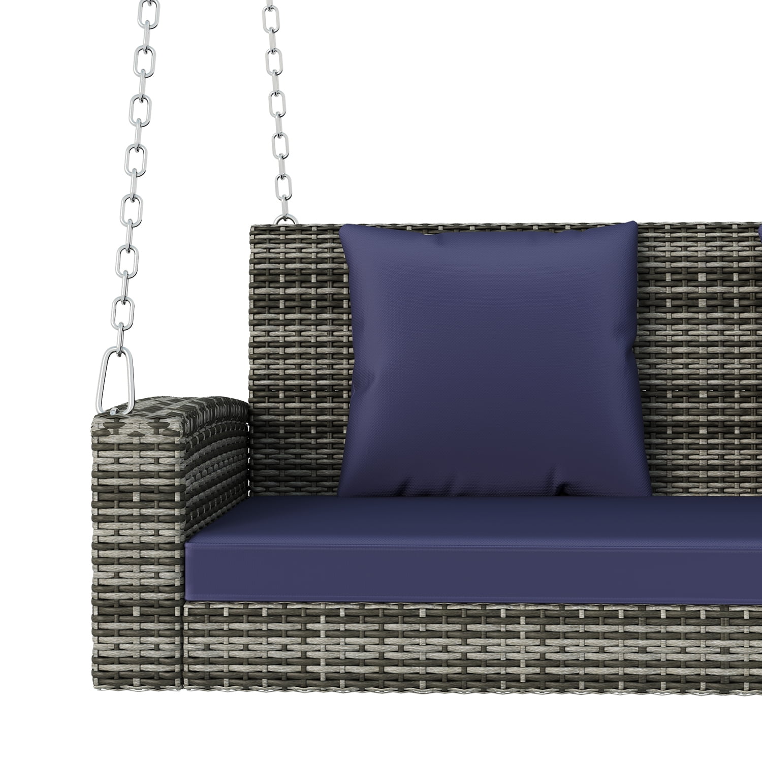 Kadyn 2-Person Wicker Hanging Porch Swing, Rattan Swing Bench with Chains, Cushion and Pillow, Outdoor Swing Chair for Garden, Backyard, Blue-gray Kadyn 2-Person Wicker Hanging Porch Swing, Rattan Swing Bench with Chains, Cushion and Pillow, Outdoor Swing Chair for Garden, Backyard, Blue-gray