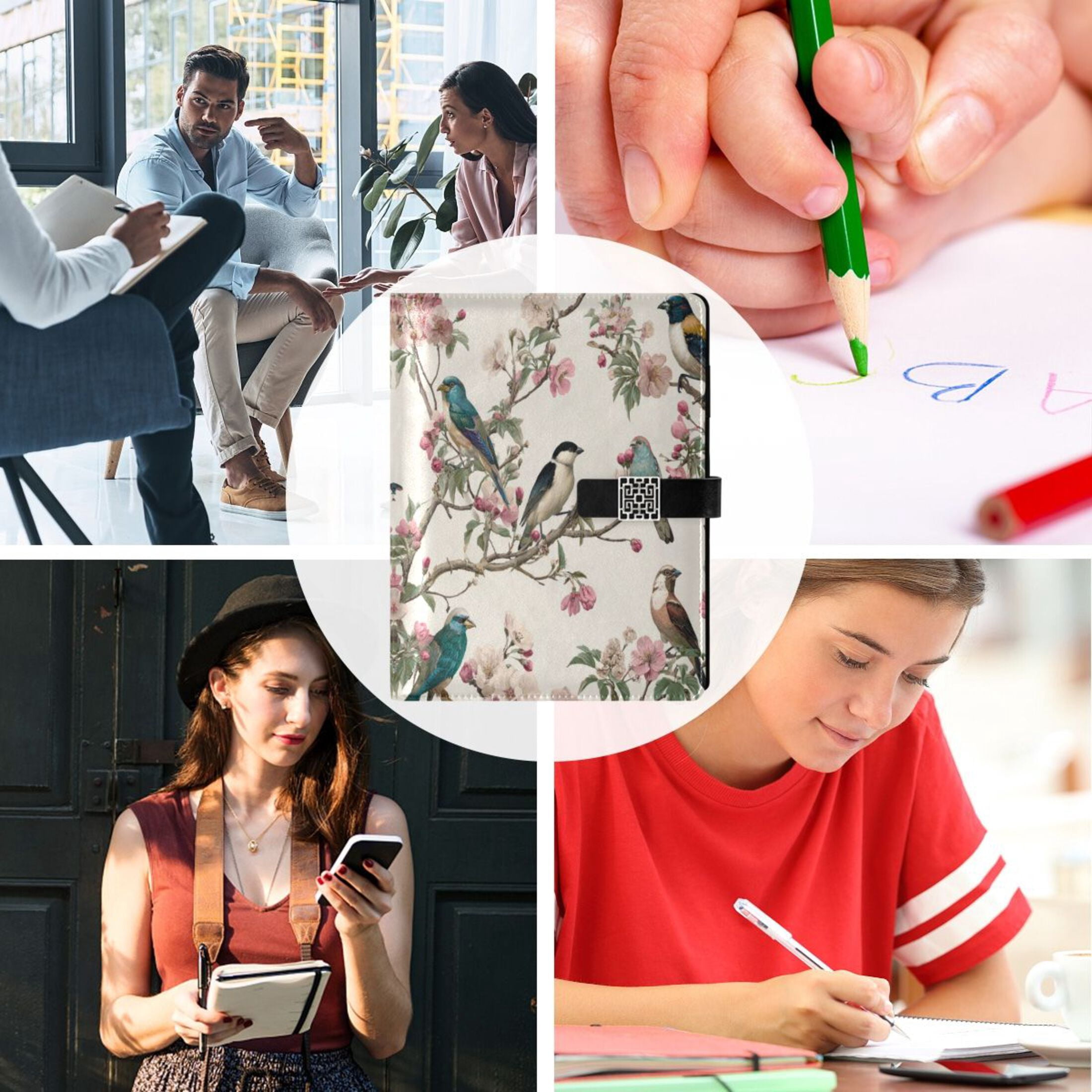Leather Planner Leather Notebook Notebook Journal Binder Design Pen Pocket Design Convenient for Storage Perched Birds Pattern