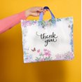 thumbnail image 5 of Púrpura Q Crafts Bolsas De Agradecimiento Para Negocios, Paquete De 50 Bolsas De Compras De Plástico Floral De 15 Pulgadas De Ancho X 12 Pulgadas De Alto Con Asa Suave, 5 of 5