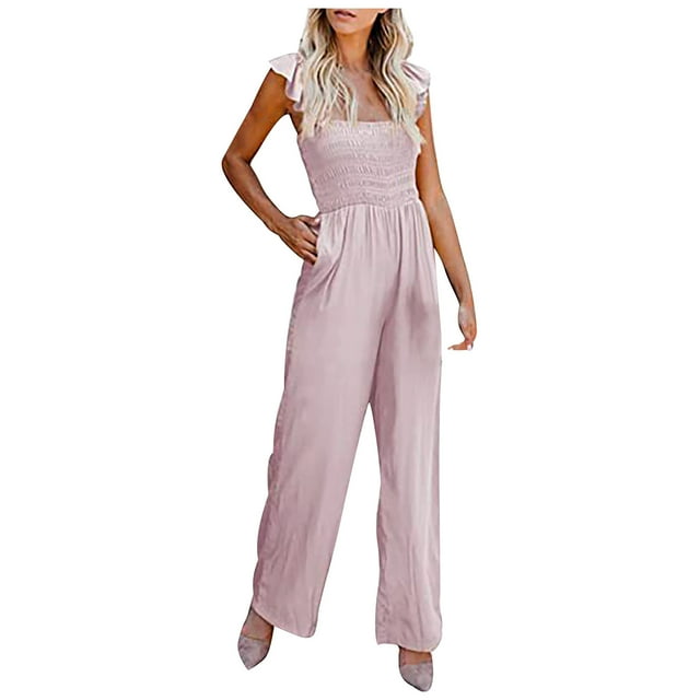 Combinaisons d'Été pour Femmes Décontractées à Smocks avec Volants, Bretelles, Sans Manches, Jambes Larges, Combinaisons avec Poches