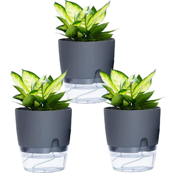 6 inch Self Watering Planter Pot, TRIANU 3 Pack Plastic Flower Pot with Clear Reservoir for Indoor Plants, Herbs, Succulents, Flowers, Gray