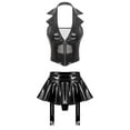 thumbnail image 1 of Doomiva Women's Sexy Wet Look Leather Lingerie Outfits Halter Lapel Crop Vest Top with Miniskirts Black 3XL, 1 of 6