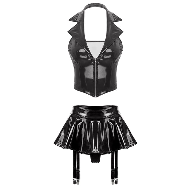Doomiva Women's Sexy Wet Look Leather Lingerie Outfits Halter Lapel Crop Vest Top with Miniskirts Black 3XL