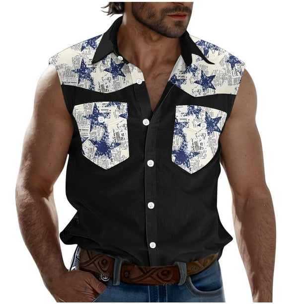 Camisas de Cuello para Hombres, Moda Casual Día de la Independencia Imprimir Turndown Bolsillos sin Mangas Tanque Deportivo