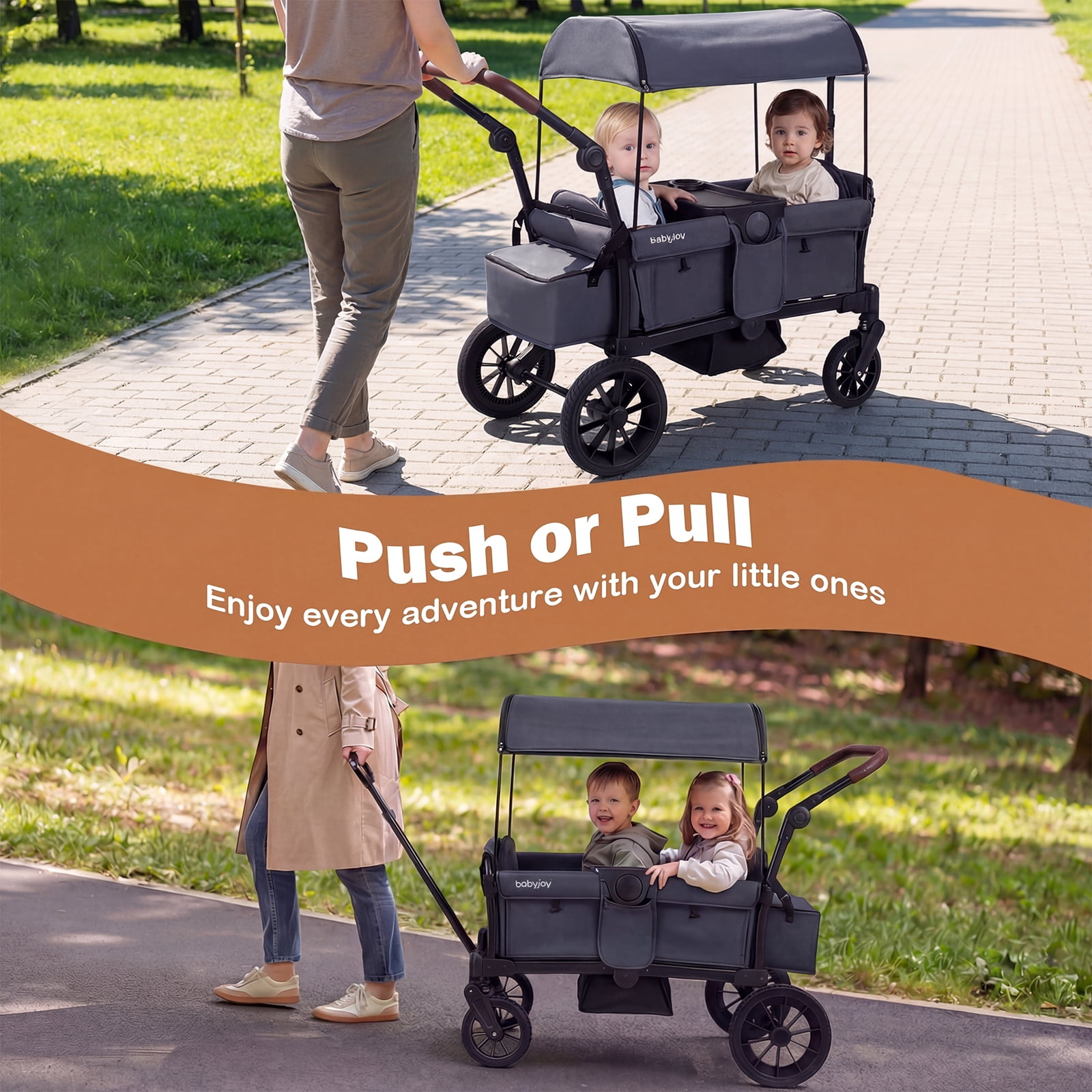 Infans Foldable Wagon Stroller for 2 Kids, Double Seater Toddler Stroller w/ Canopy